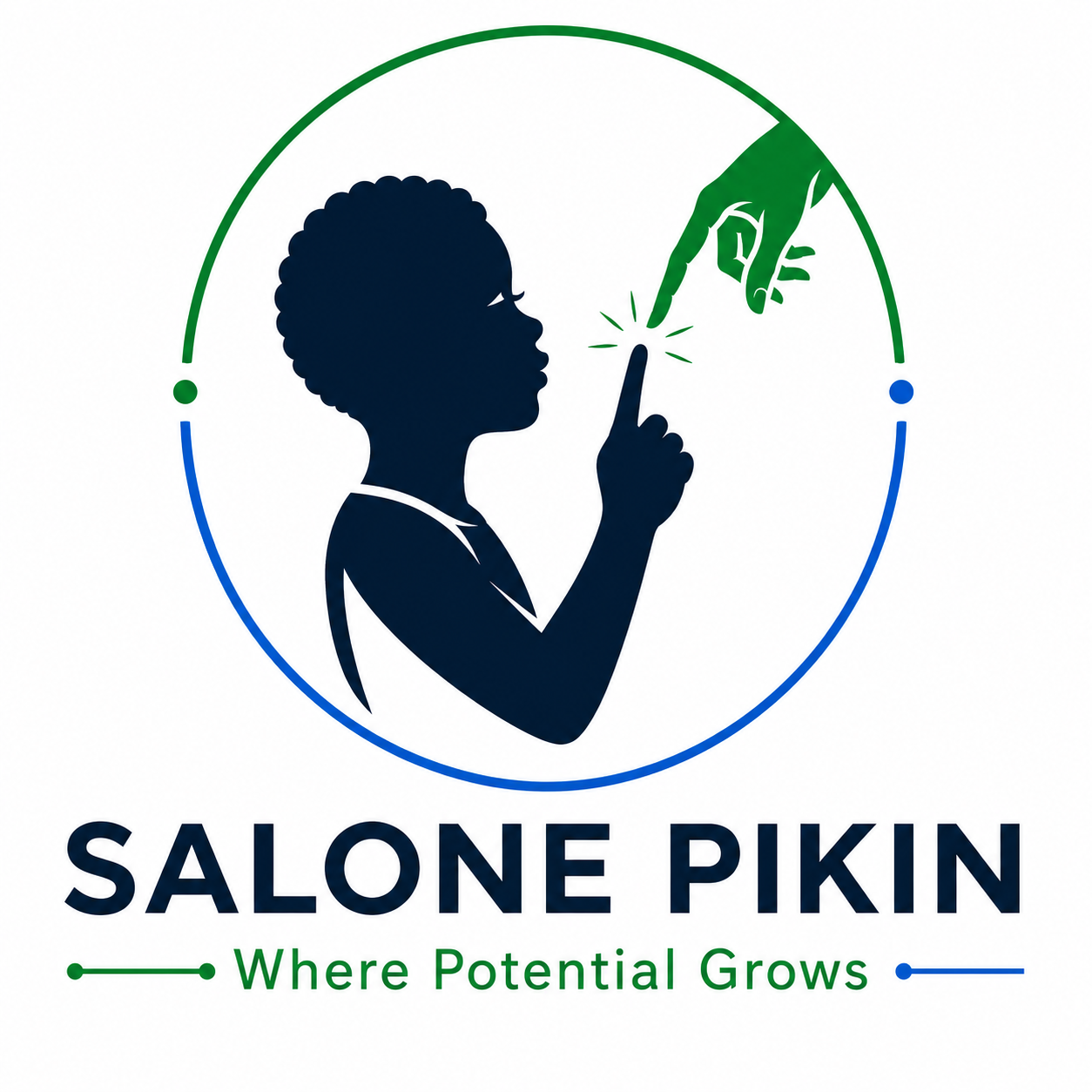 Salone Pikin logo: a child reaching towards a guiding hand